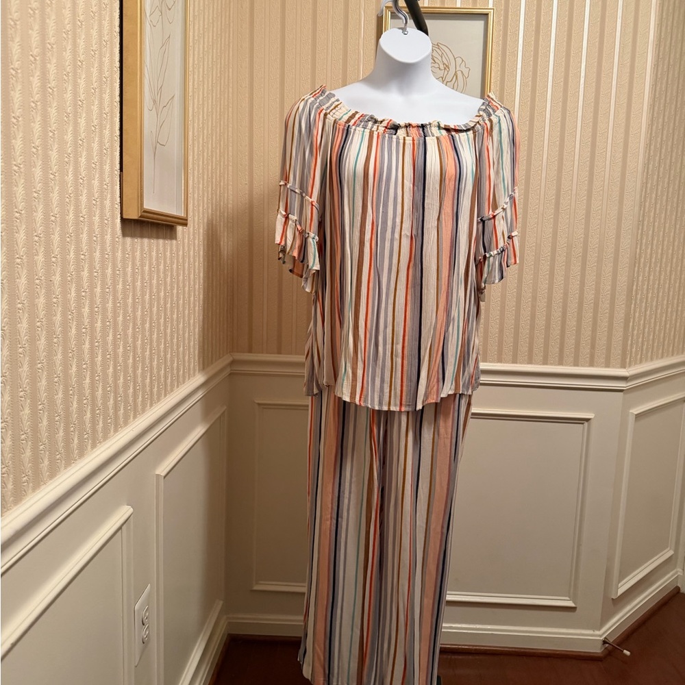 Ashley Stewart Striped Two-Piece Pantsuit in Cream, Orange, Blue